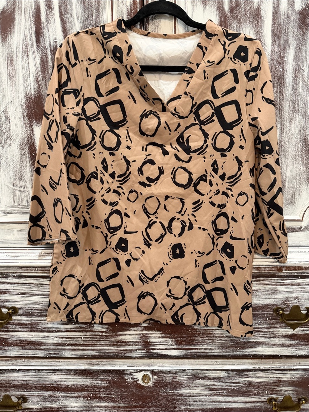 Women's Tan Printed V-Neck Top by